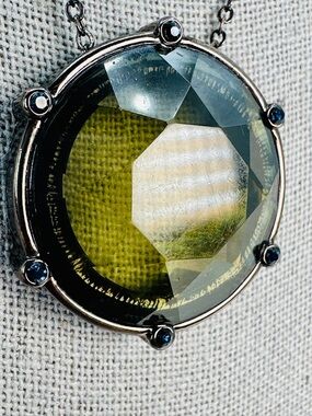 Round Faceted Olive Green Pendant Necklace Liz & Co Gunmetal Chain Signed Bold